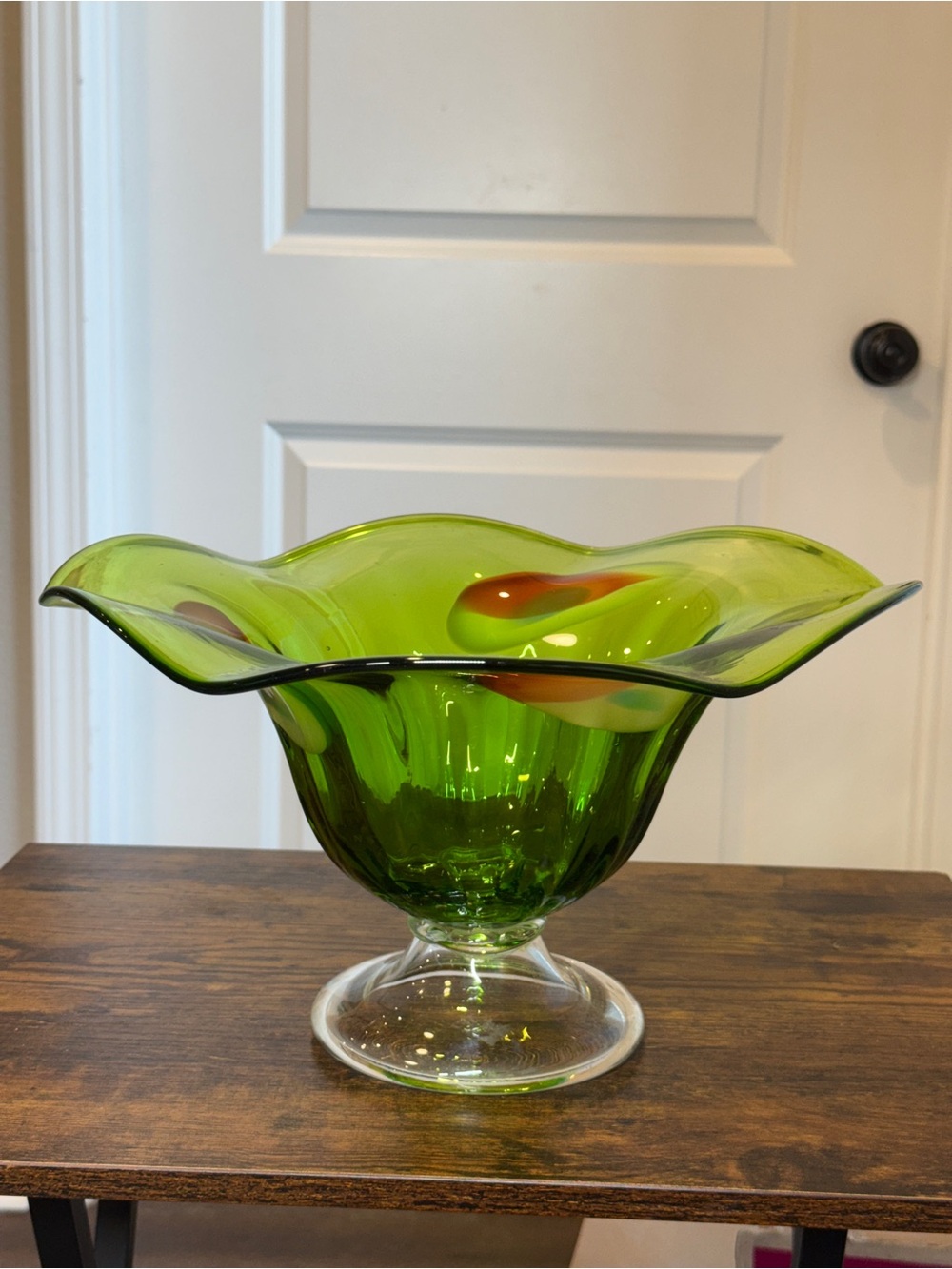 Rare 12-Inch MCM Viking Glass Handkerchief Compote Bowl Avocado Green 6-Petal
